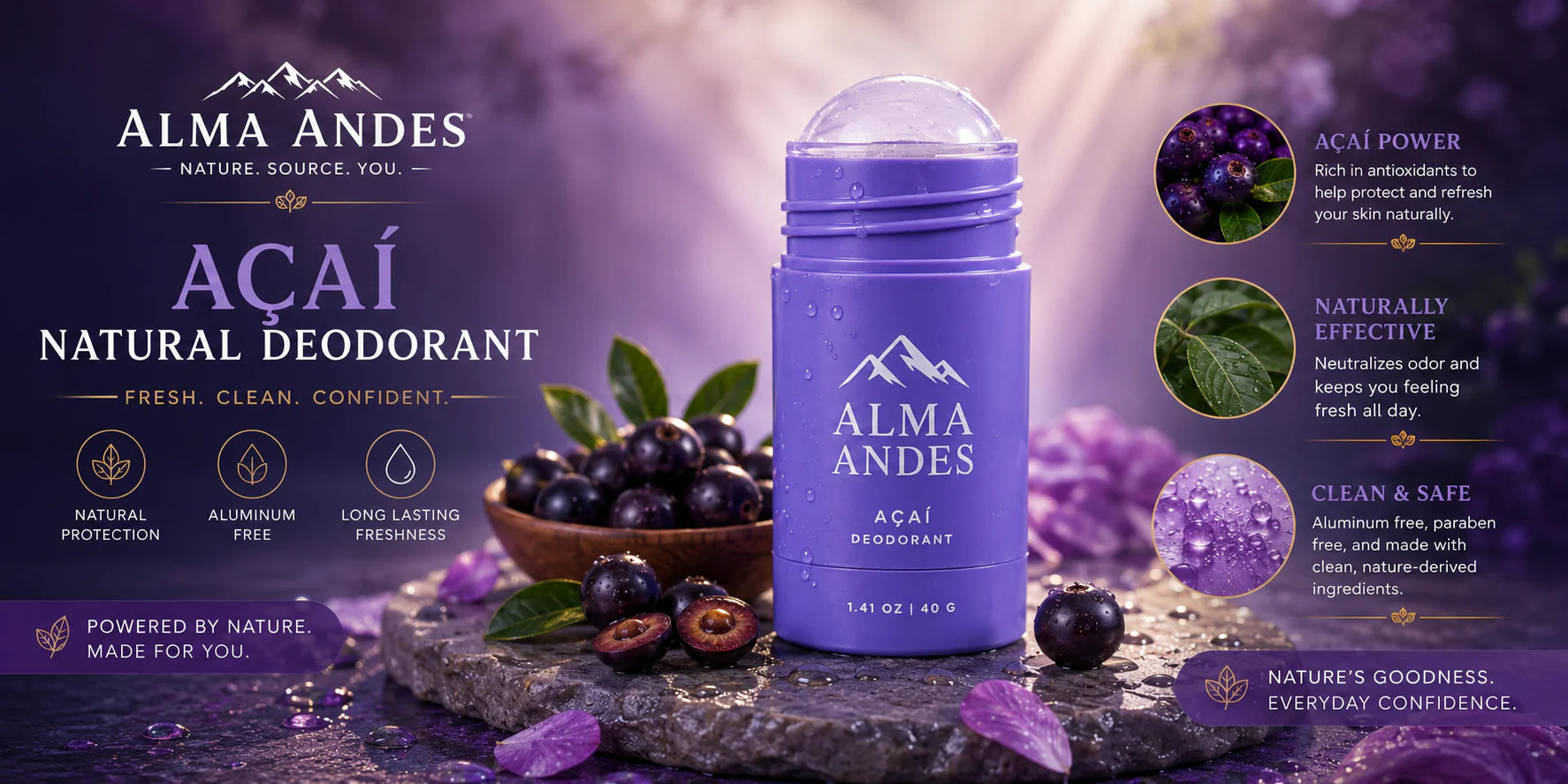 Alma Andes Acai Natural Deodorant stick in a purple container, displayed on a stone surface with a bowl of acai berries and purple flowers. The background is a soft purple gradient with product benefits and ingredients listed on the sides.