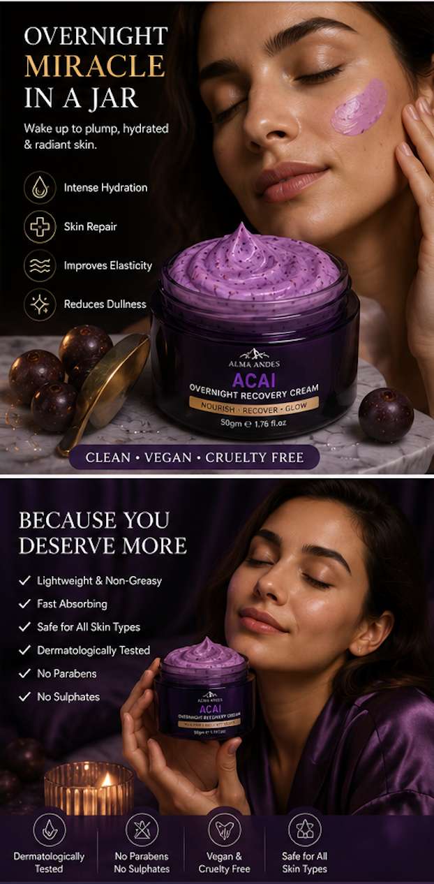 Promotional image of Acai Overnight Recovery Cream with a woman applying it to her face.