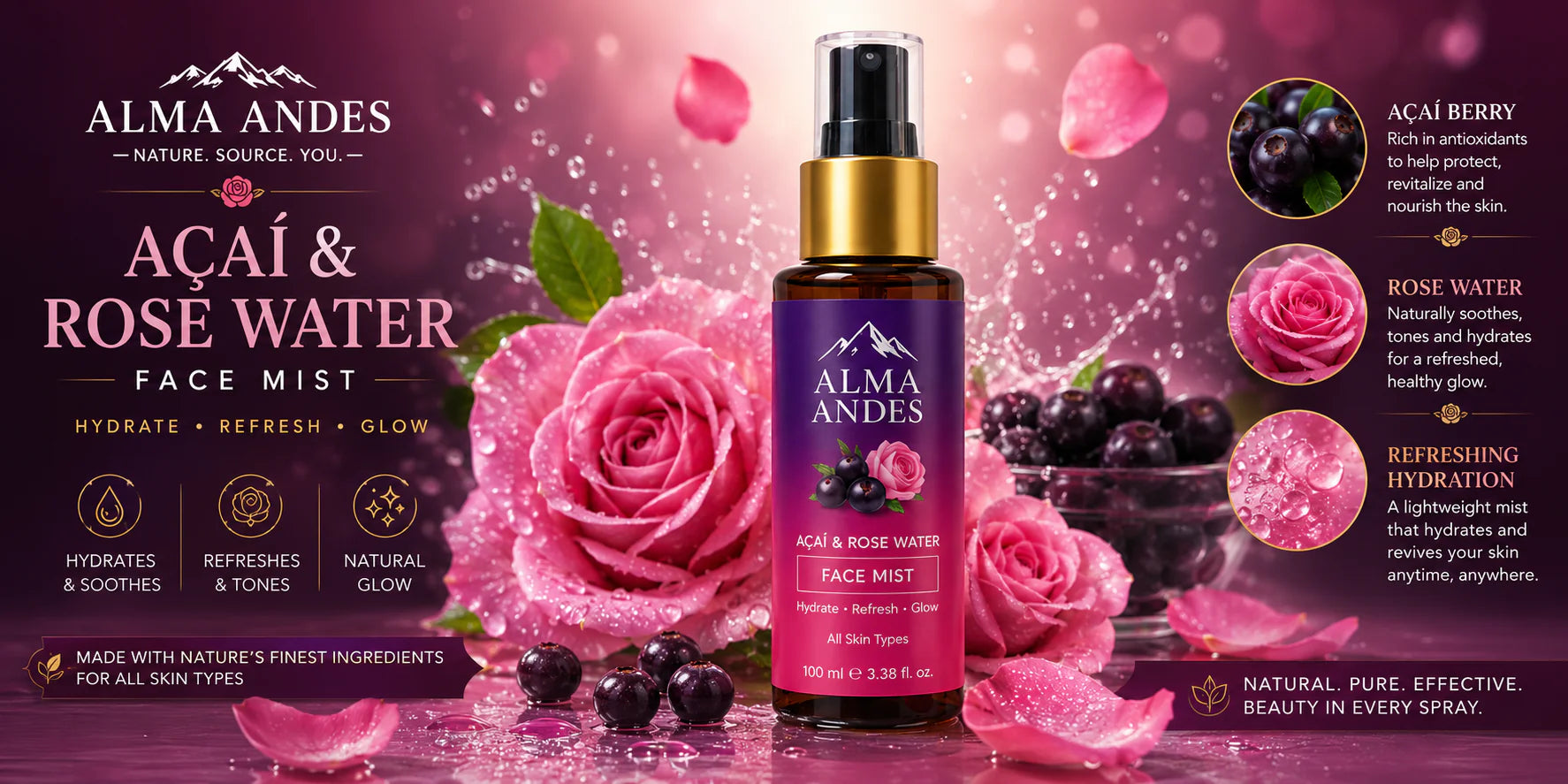 Alma Andes Acai & Rose Water Face Mist bottle with product details on a pink background