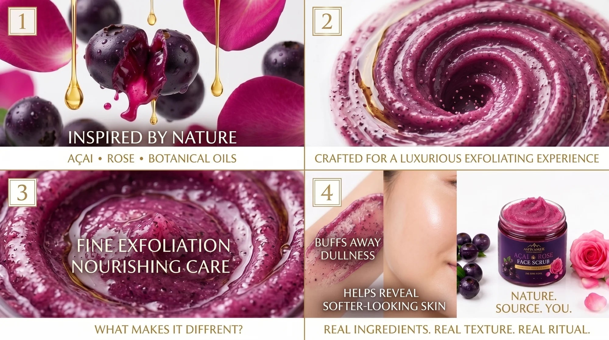 Alma_Andes_Cosmetic product packaging with a focus on natural ingredients and luxurious exfoliating experience.