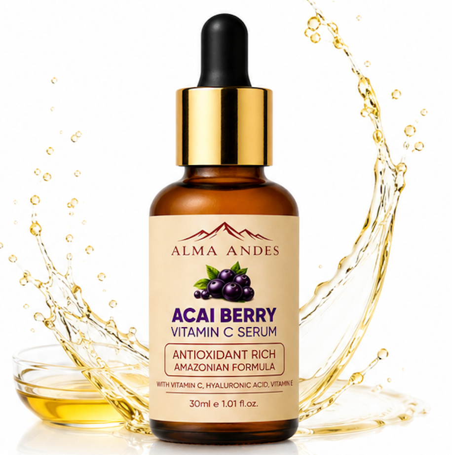 Alma Andes Acai Berry Vitamin C Serum bottle with dropper on a white background