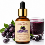 Alma Andes Acai Berry Vitamin C Serum bottle with a glass of acai juice and acai berries on a white background