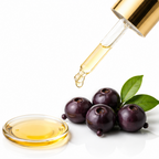 Oil dropper with a droplet over dark berries and leaves on a white background