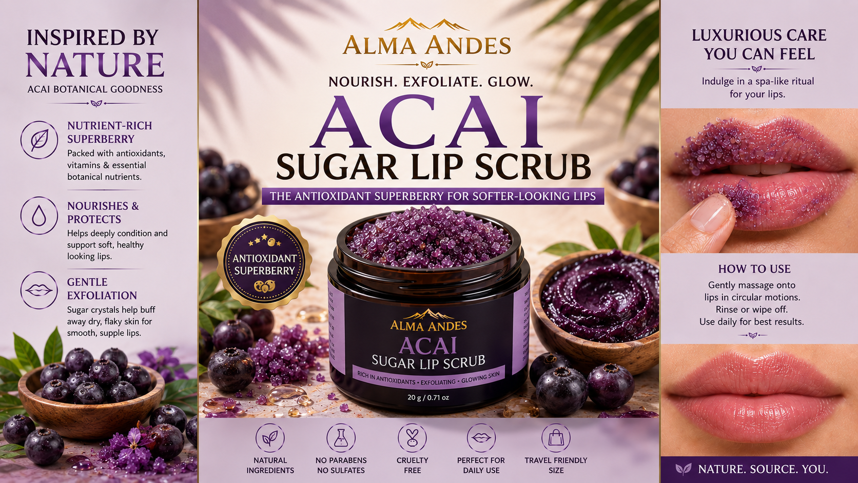 Alma Andes Acai Sugar Lip Scrub packaging with acai berries and lip scrub application.