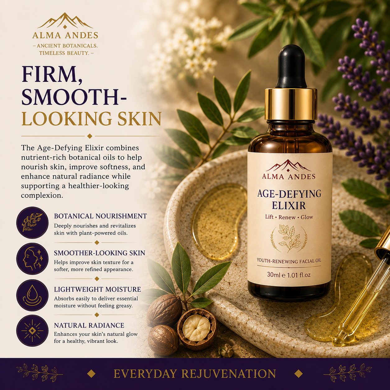 Alma Andes Age Defying Face Oil & Overnight Repair , Anti Aging Face Oil for Fine Lines, Wrinkles & Skin Firming | Collagen Boosting & Glowing Skin | Non-Greasy, Lightweight | For Women & Men (30ml) - Slide 5