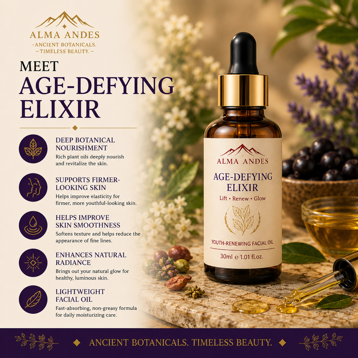 Alma Andes Age Defying Face Oil & Overnight Repair , Anti Aging Face Oil for Fine Lines, Wrinkles & Skin Firming | Collagen Boosting & Glowing Skin | Non-Greasy, Lightweight | For Women & Men (30ml) - Slide 1