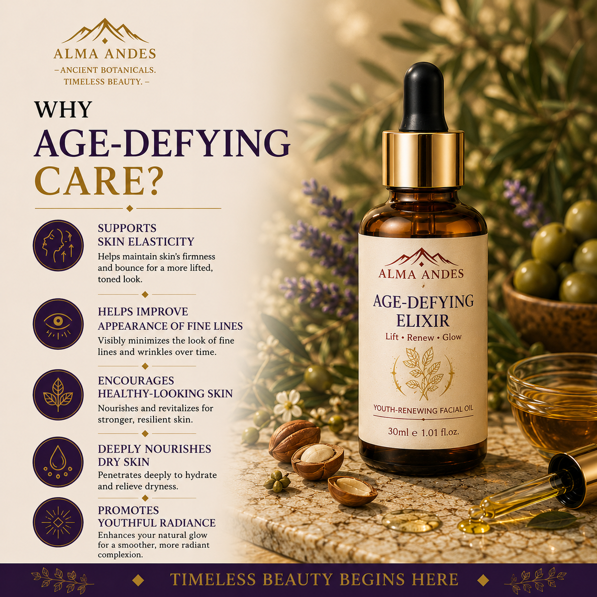 Alma Andes Age Defying Face Oil & Overnight Repair , Anti Aging Face Oil for Fine Lines, Wrinkles & Skin Firming | Collagen Boosting & Glowing Skin | Non-Greasy, Lightweight | For Women & Men (30ml) - Slide 3