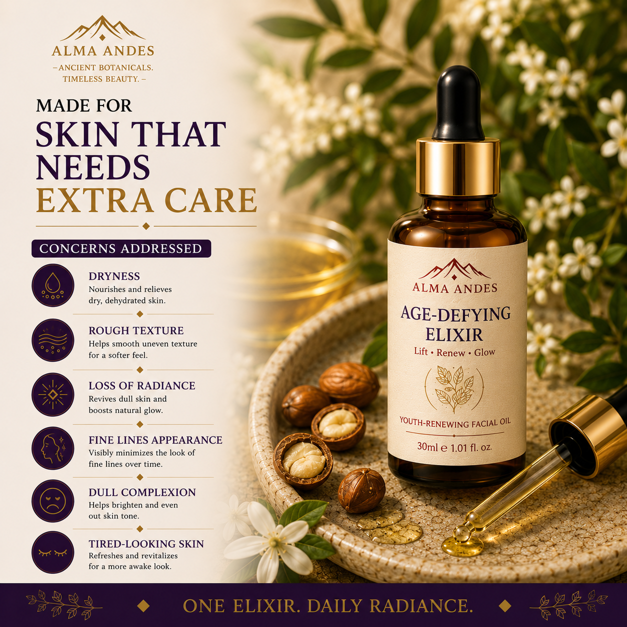 Alma Andes Age Defying Face Oil & Overnight Repair , Anti Aging Face Oil for Fine Lines, Wrinkles & Skin Firming | Collagen Boosting & Glowing Skin | Non-Greasy, Lightweight | For Women & Men (30ml) - Slide 7