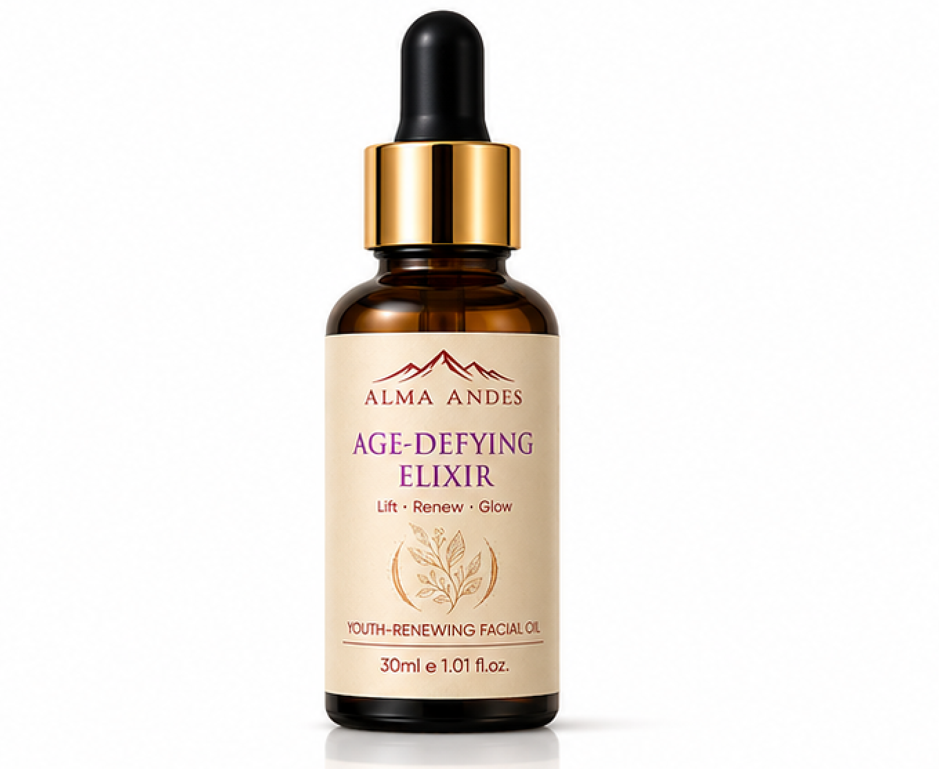 Bottle of Alma Andes Age-Defying Elixir on a white background