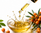 Sea buckthorn oil being dripped into a glass bowl with sea buckthorn berries and leaves on a white background.