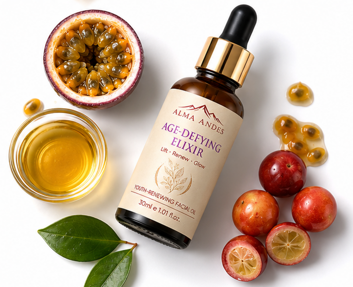 Bottle of Alma Andes Age-Defying Elixir with passion fruit and leaves on a white background