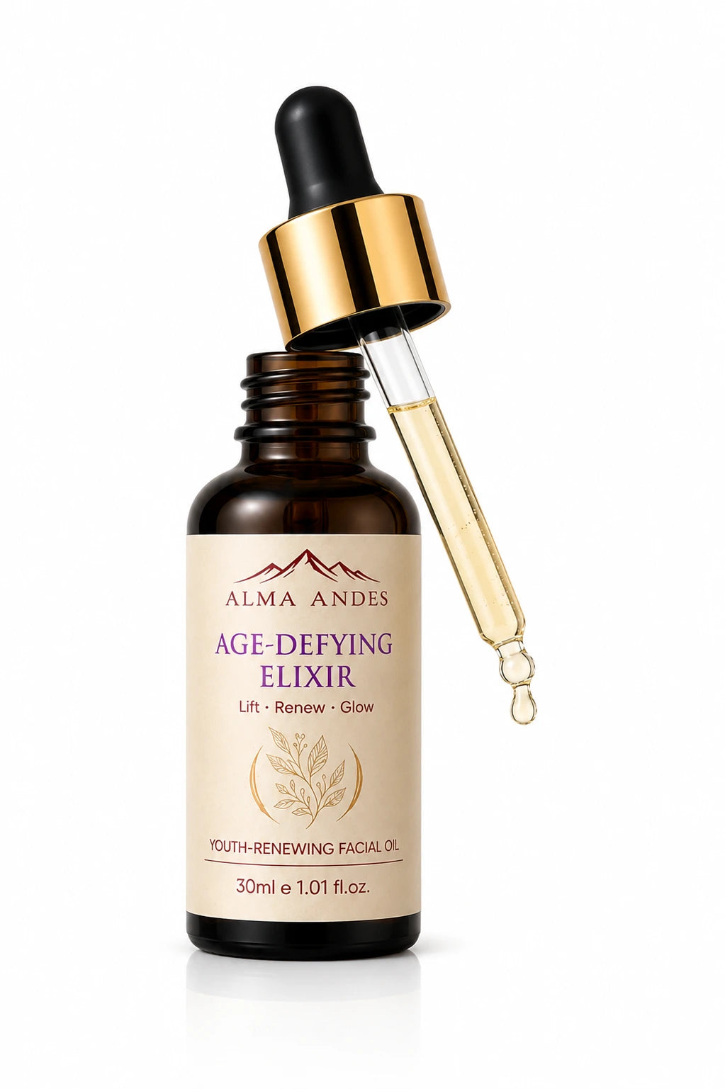 Alma Andes Age-Defying Elixir facial oil in a 30ml amber glass bottle with a gold and black dropper cap, shown with the glass dropper resting against the open bottle on a white background.