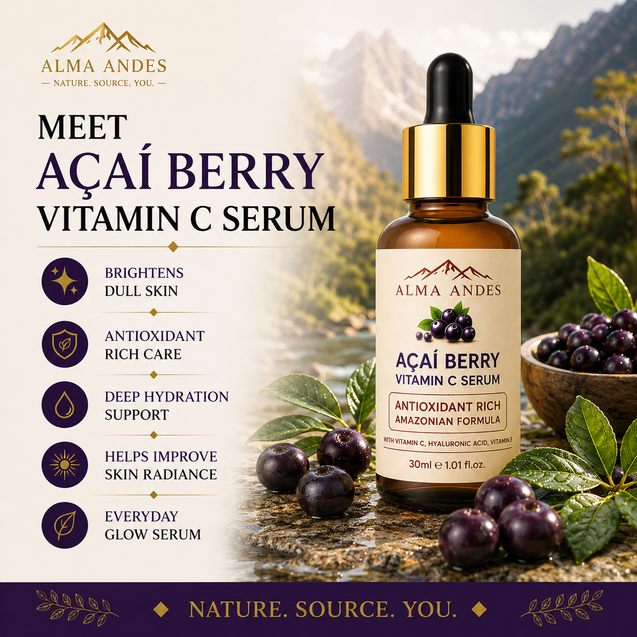 Vitamin C Face Serum with Hyaluronic Acid, 10% Niacinamide & Acai - Slide 1