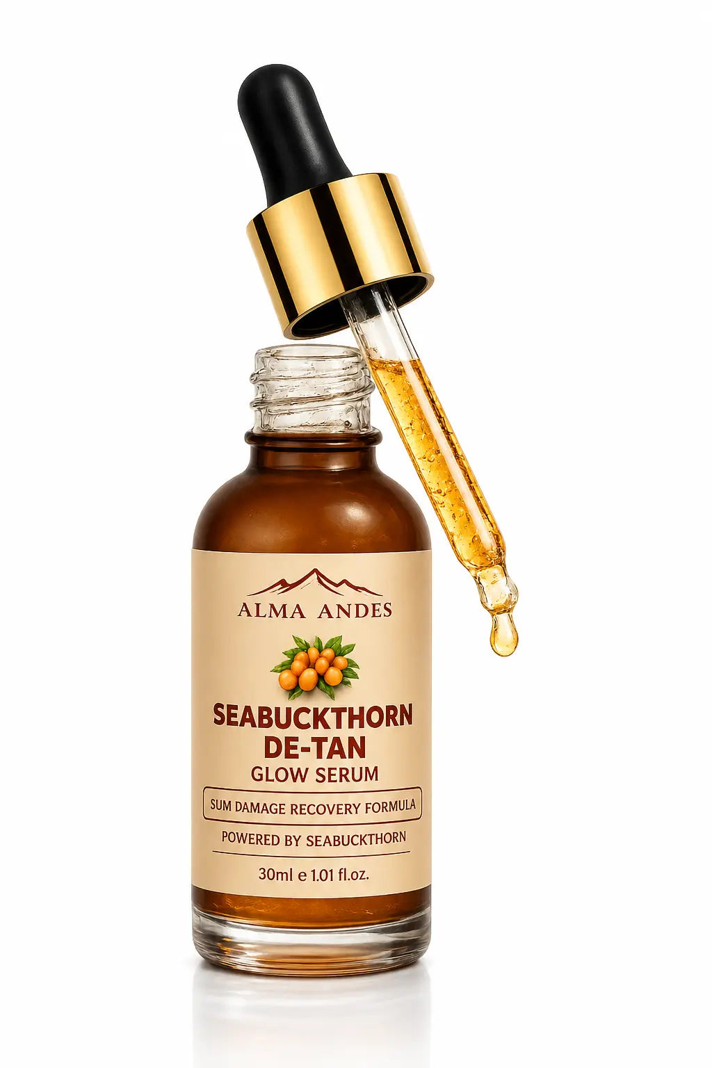 Alma Andes Seabuckthorn De-Tan Glow Serum in a 30ml amber glass dropper bottle, with the gold-capped dropper tilted to show the golden serum inside, on a white background.
