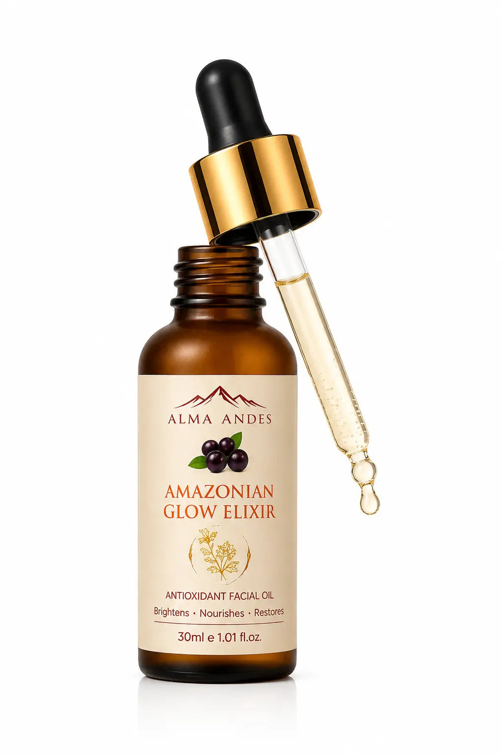 Alma Andes Amazonian Glow Elixir facial oil in a 30ml amber glass bottle with a gold and black dropper cap, shown with the glass dropper resting against the open bottle on a white background.