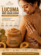 Alma Andes Lucuma Body Sugar Scrub advertisement with a woman applying scrub to her skin.