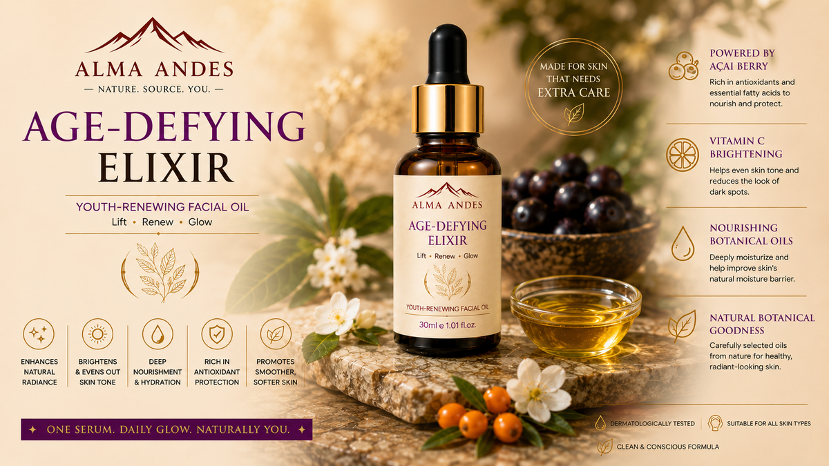 Alma Andes Age-Defying Elixir bottle with ingredients and benefits on a natural background