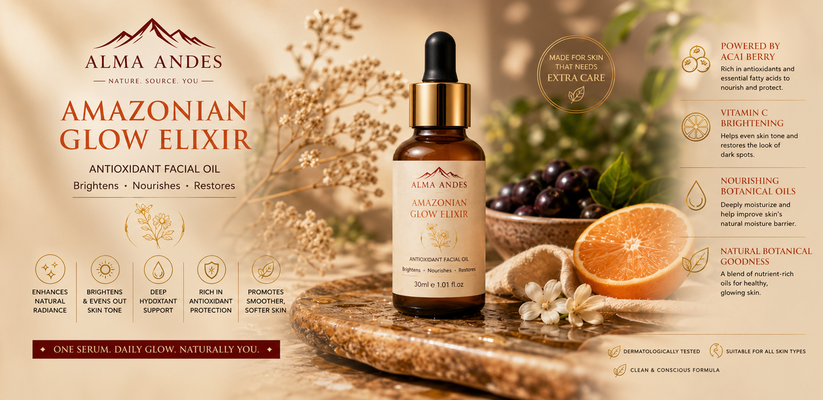 Alma Andes Amazonian Glow Elixir facial oil with ingredients and benefits on a wooden surface.