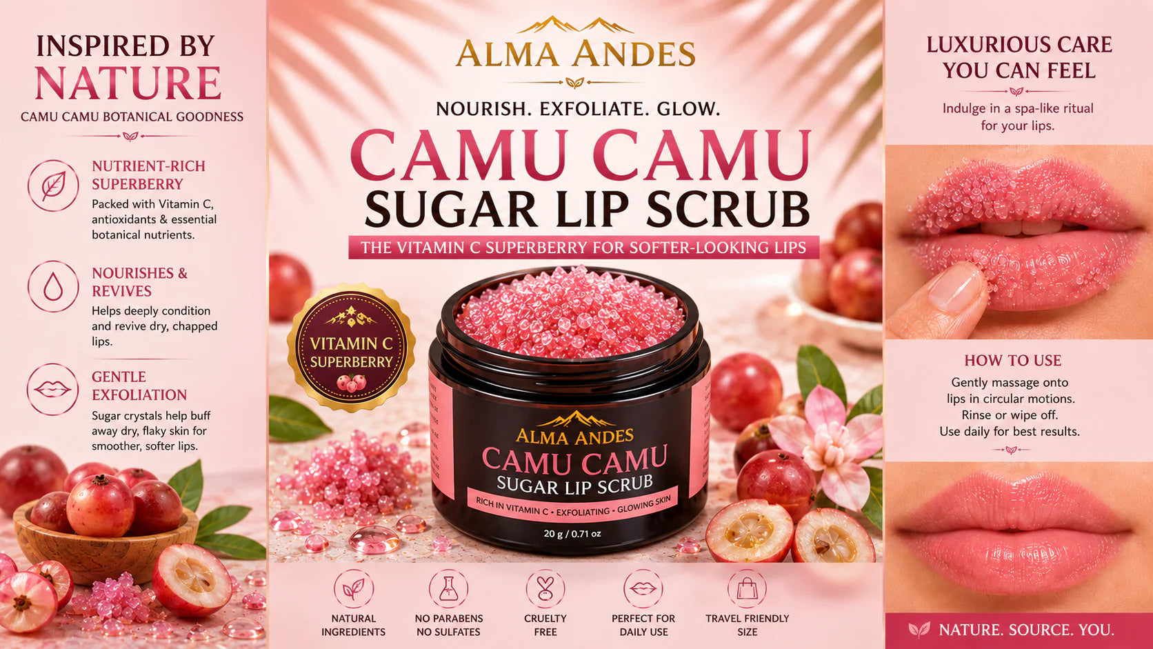 Alma Andes Camu Camu Sugar Lip Scrub packaging with product and branding details.