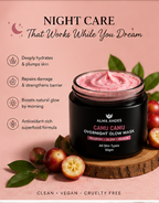 Camu camu overnight glow cream with ingredients on a pink background