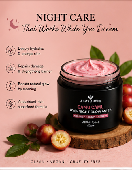 Camu camu overnight glow cream with ingredients on a pink background