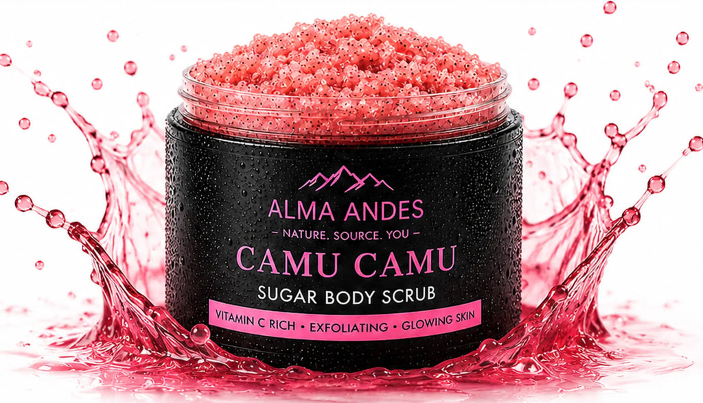 Jar of Camu Camu sugar body scrub with splashing pink liquid on a white background