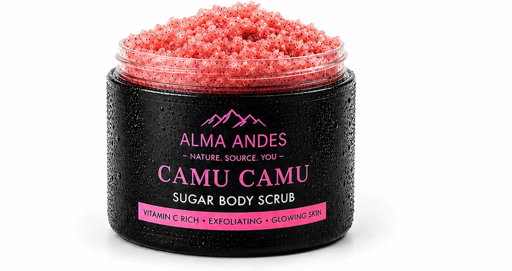Jar of Camu Camu sugar body scrub with pink contents on a white background