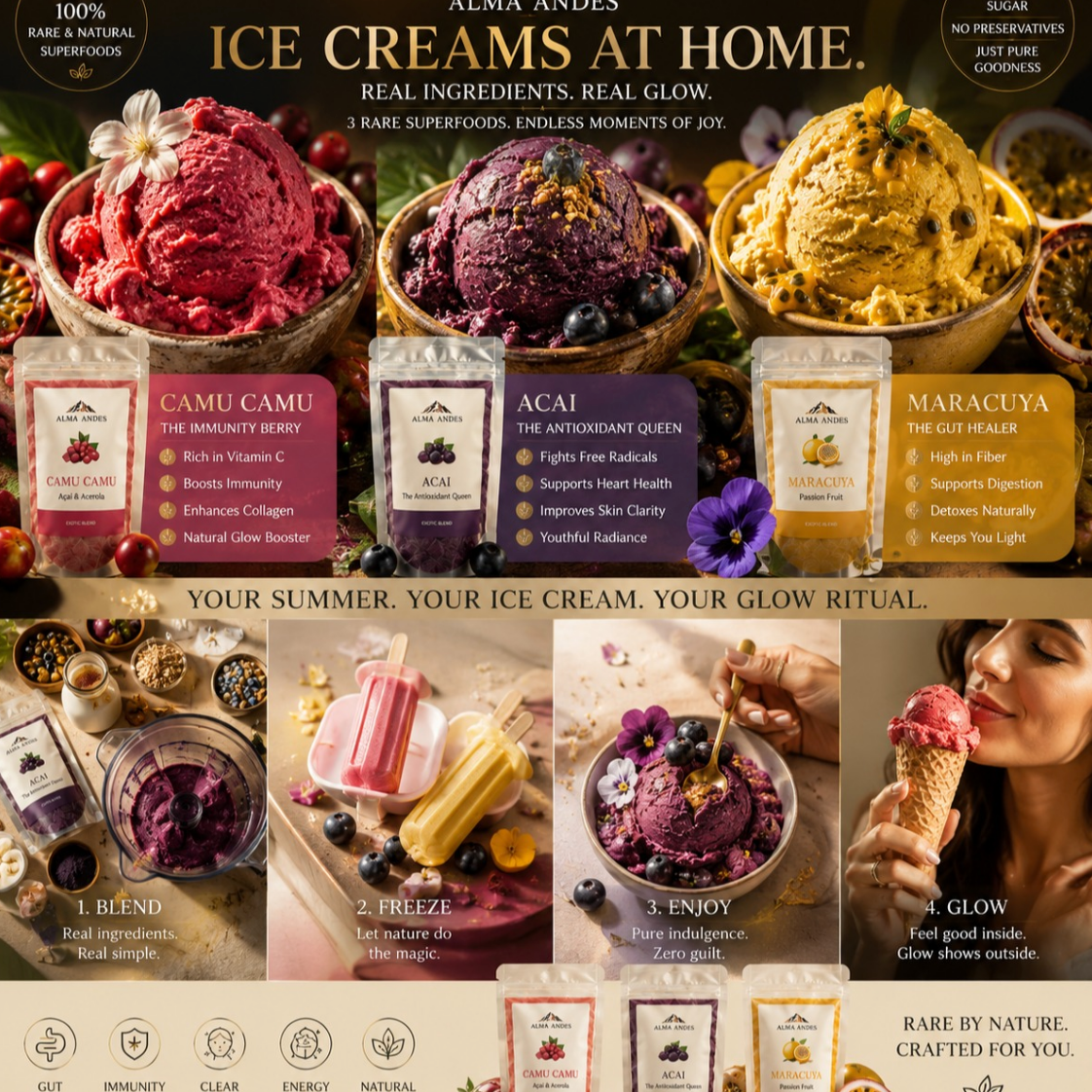 Colourful ice cream made using natural superfood powders at home