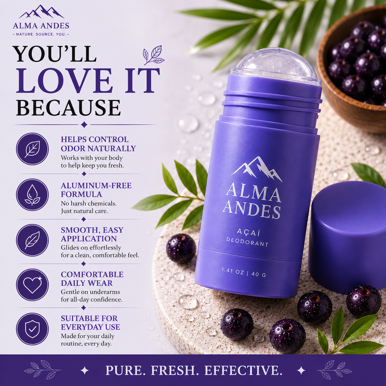 Natural Deodorant Stick for Women & Men with  Acai Berry - Slide 7
