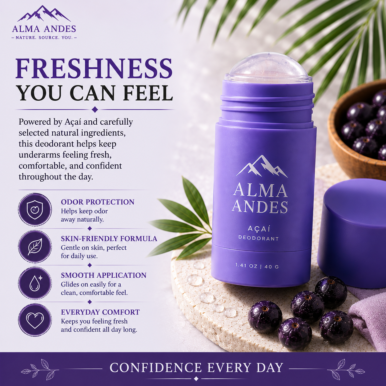 Natural Deodorant Stick for Women & Men with  Acai Berry - Slide 5