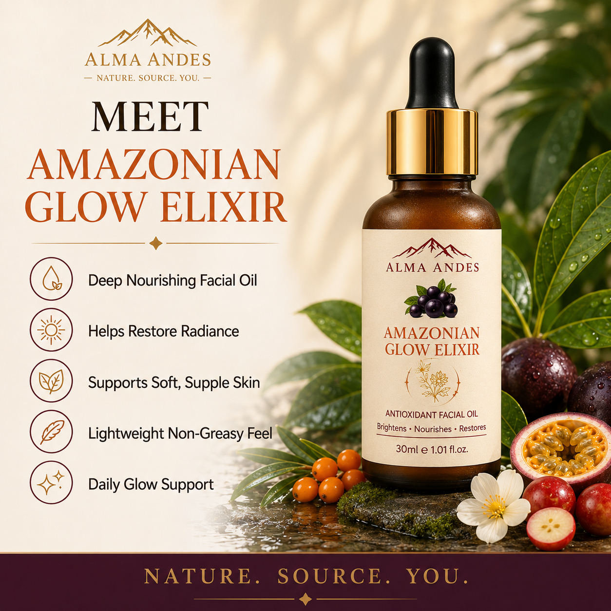 Alma Andes Radiant Glow Face Oil & Brightening Serum with Açaí Berry & Rosehip | Face Oil for Glowing Skin, Pigmentation & Dark Spots | Non-Greasy, Lightweight | For Women & Men (30ml) - Slide 1
