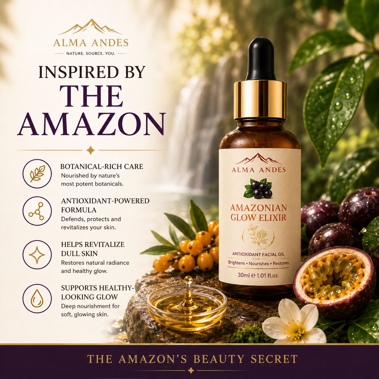 Alma Andes Radiant Glow Face Oil & Brightening Serum with Açaí Berry & Rosehip | Face Oil for Glowing Skin, Pigmentation & Dark Spots | Non-Greasy, Lightweight | For Women & Men (30ml) - Slide 3