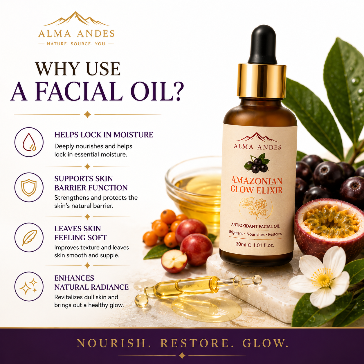 Alma Andes Radiant Glow Face Oil & Brightening Serum with Açaí Berry & Rosehip | Face Oil for Glowing Skin, Pigmentation & Dark Spots | Non-Greasy, Lightweight | For Women & Men (30ml) - Slide 4