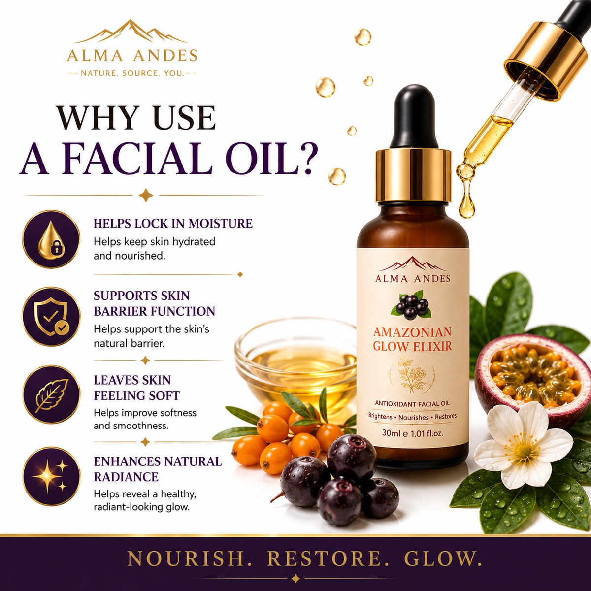Alma Andes Radiant Glow Face Oil & Brightening Serum with Açaí Berry & Rosehip | Face Oil for Glowing Skin, Pigmentation & Dark Spots | Non-Greasy, Lightweight | For Women & Men (30ml) - Slide 5