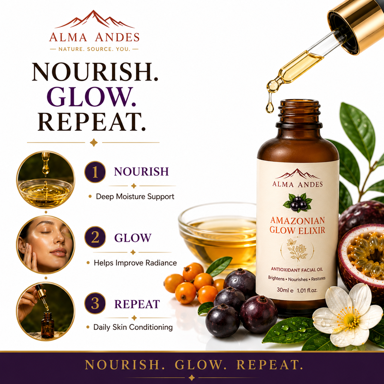 Alma Andes Radiant Glow Face Oil & Brightening Serum with Açaí Berry & Rosehip | Face Oil for Glowing Skin, Pigmentation & Dark Spots | Non-Greasy, Lightweight | For Women & Men (30ml) - Slide 6