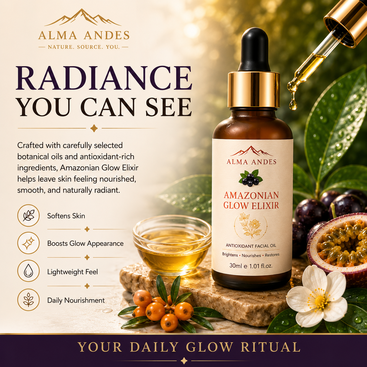 Alma Andes Radiant Glow Face Oil & Brightening Serum with Açaí Berry & Rosehip | Face Oil for Glowing Skin, Pigmentation & Dark Spots | Non-Greasy, Lightweight | For Women & Men (30ml) - Slide 7