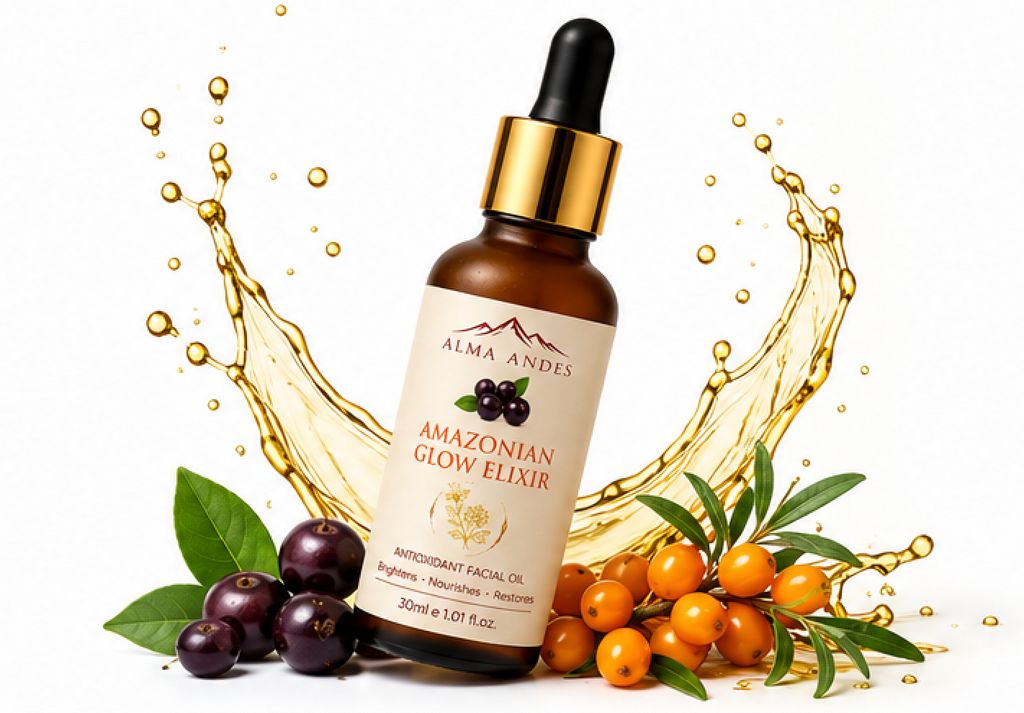 Bottle of Alma Andes Amazonian Glow Elixir with dropper surrounded by fruits and leaves on a white background