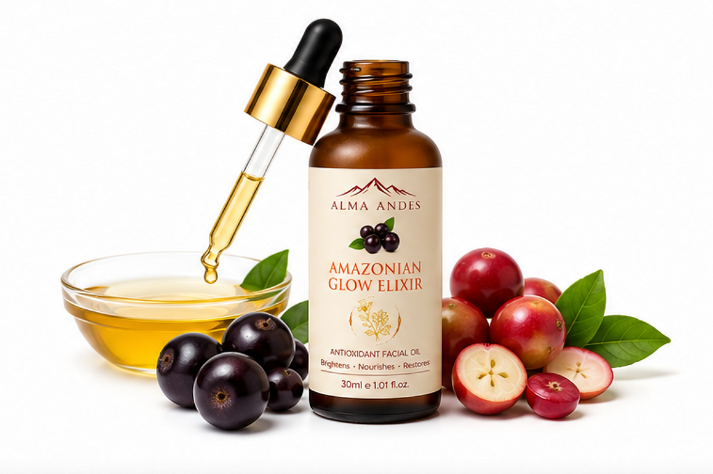 Alma Andes Amazonian Glow Elixir bottle with dropper, fruits, and a bowl of oil on a white background