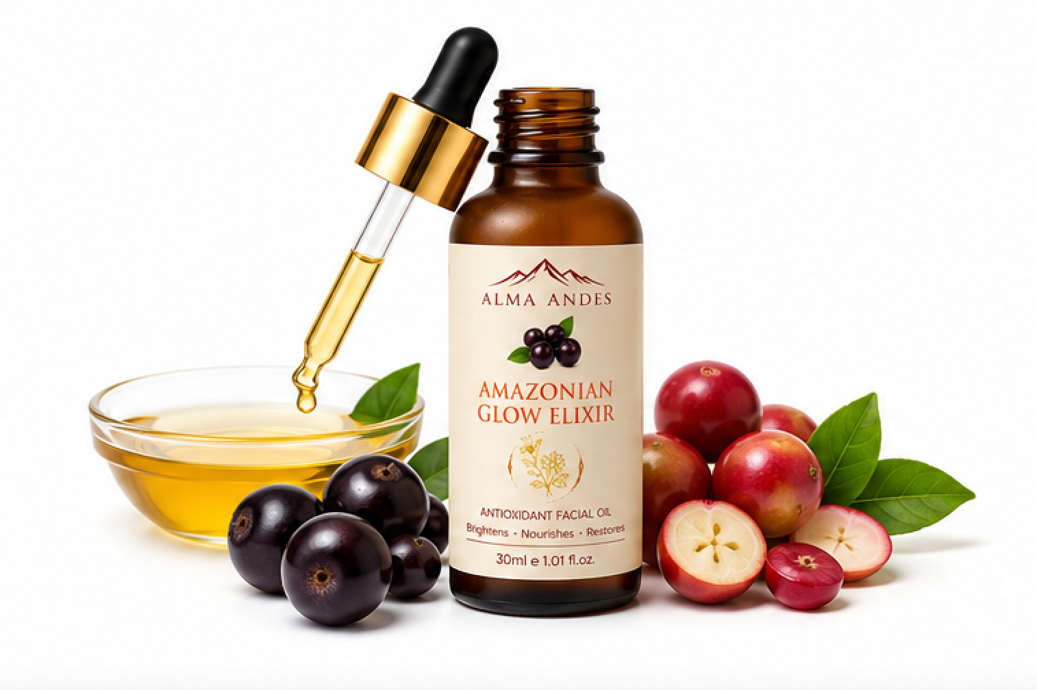Alma Andes Amazonian Glow Elixir bottle with dropper, fruits, and a bowl of oil on a white background