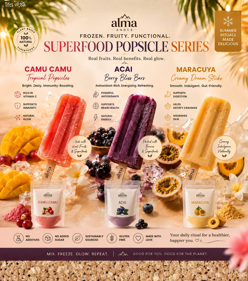 Promotional image of Alma Superfood Popsicle Series with various popsicles and packaging on a wooden surface.