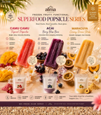 Promotional image of Alma Superfood Popsicle Series with various popsicles and packaging on a wooden surface.