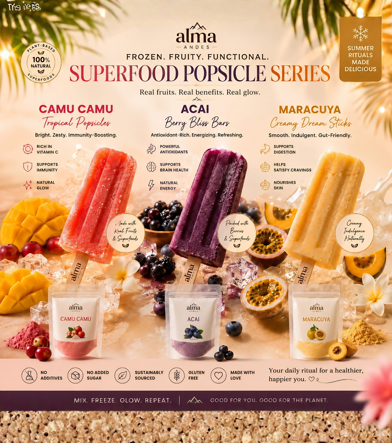 Promotional image of Alma Superfood Popsicle Series with various popsicles and packaging on a wooden surface.