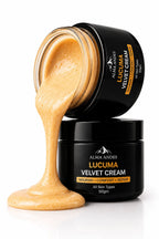 Alma Andes Lucuma Velvet Cream 50g jar in black packaging, with a thick tan-colored cream dripping from the open jar onto a white surface.