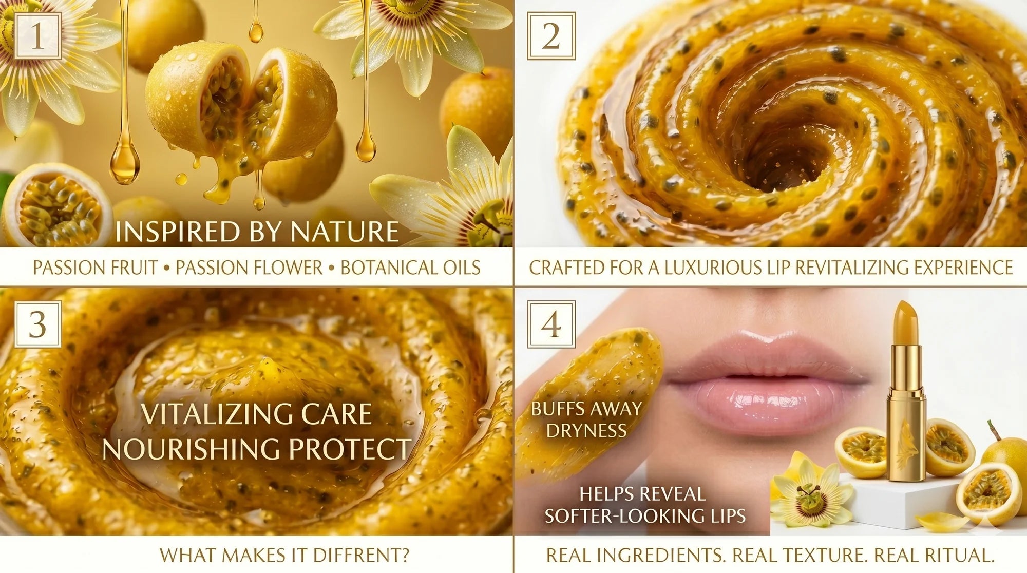 Alma_Andes_A four-panel promotional graphic for a lip care product. The panels feature golden-yellow passion fruit and floral imagery, close-ups of a glossy swirled lip product, a pair of lips, and gold lipstick tubes with text such as 'Inspired by Nature,' 'Crafted for a Luxurious Lip Revitalizing Experience,' 'Vitalizing Care Nourishing Protect,' and 'Real Ingredients.