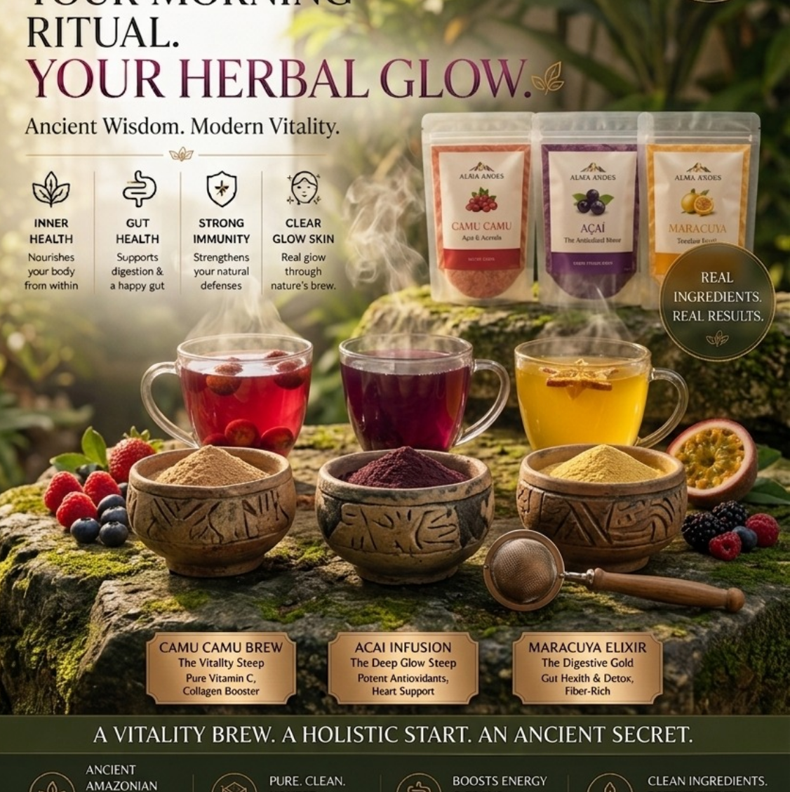 Refreshing fruit tea with Acai, Camu Camu and Maracuya powders.Homemade tropical tea drink with Maracuya fruit powder