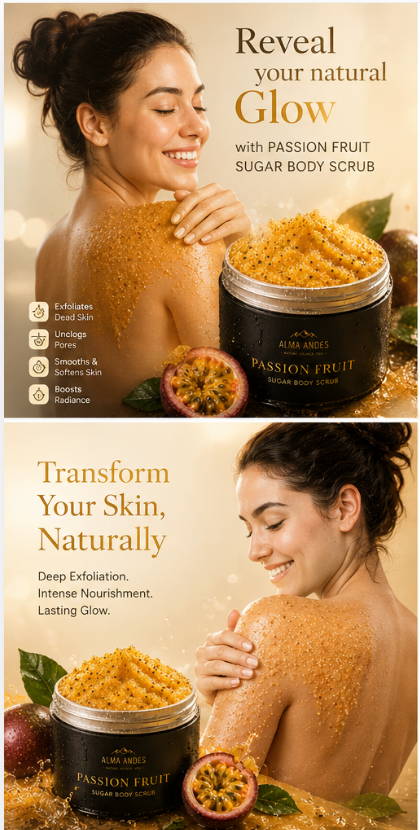 Advertisement for passion fruit sugar body scrub with a woman applying the scrub to her skin.