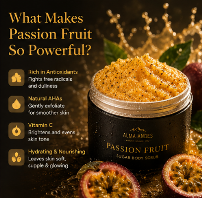 Alma Andes Passion Fruit sugar body scrub with ingredients listed on a dark background