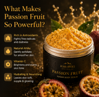 Alma Andes Passion Fruit sugar body scrub with ingredients listed on a dark background