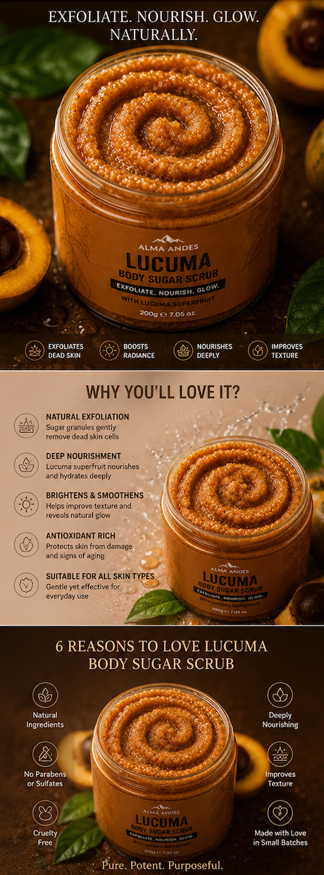 Lucuma body sugar scrub jar with benefits and features on a green leaf background
