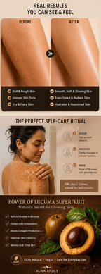 Before and after comparison of skin care treatment with a woman inspecting her skin, Lucuma superfruit, and self-care ritual description.